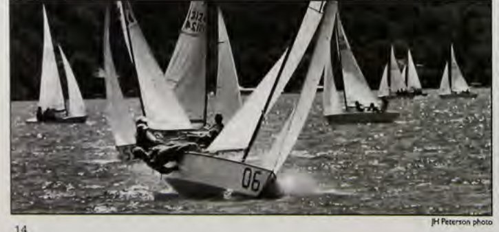 In the last issue I used this photo to help show that the wind is always shifting. It also provides a perfect example of what a fleet looks like in a classic oscillating breeze. When the wind oscillates back and forth, you often have obvious puffs and lulls, which is certainly the case here. Another characteristic of oscillating winds is that boats are lifted and headed across different parts of the course. You can see that boats on both tacks are sailing quite a range of compass courses in this photo. Boat 06, for example, has a big lift compared to the other starboard tackers.