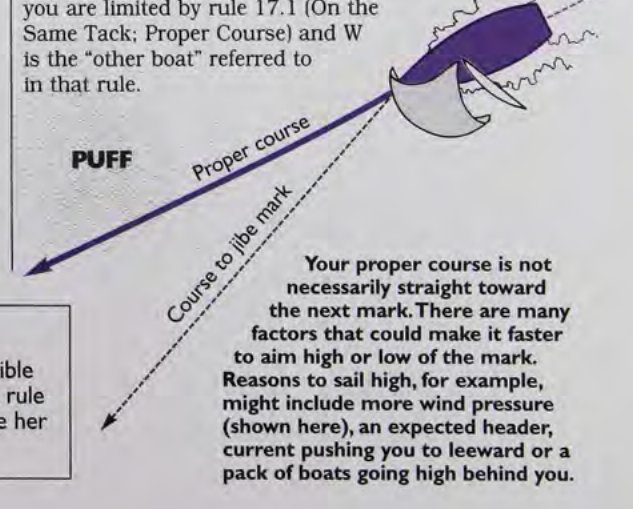 Your proper course is not necessarily straight toward the next mark. There are many factors that could make it faster to aim high or low of the mark. Reasons to sail high, for example, might include more wind pressure (shown here), an expected header, current pushing you to leeward or a pack of boats going high behind you.
