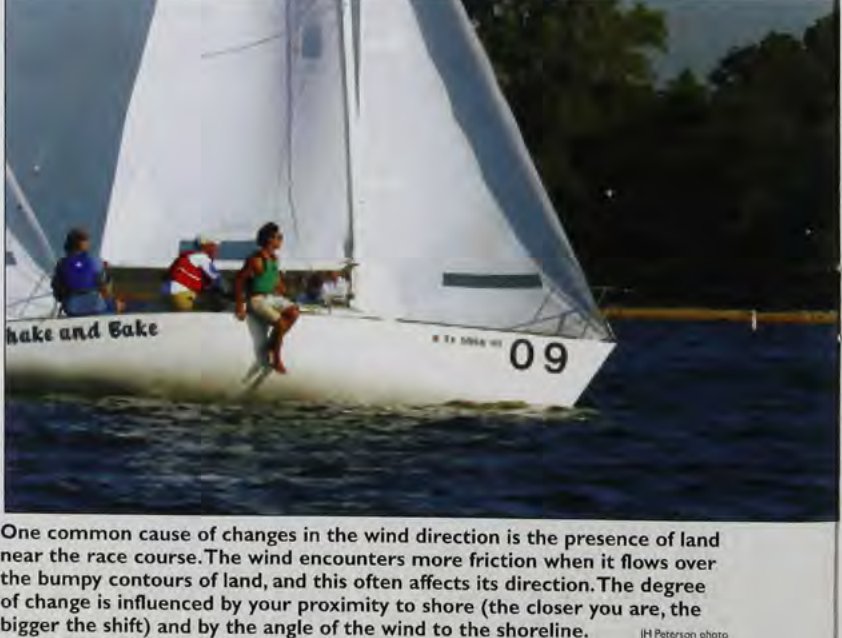 One common cause of changes in the wind direction is the presence of land near the race course. The wind encounters more friction when it flows over the bumpy contours of land, and this often affects its direction. The degree of change is influenced by your proximity to shore (the closer you are, the bigger the shift) and by the angle of the wind to the shoreline.