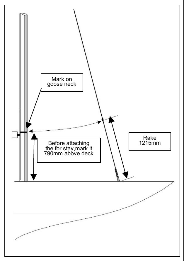 Measuring the mast rake: before attaching the forestay, mark it 790 mm above deck (level with the mark on the gooseneck); rake 1215 mm from deck to mark.