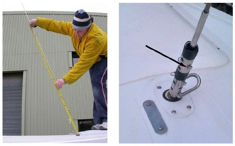 Measuring the mast rake from the forestay mark down to the deck, and the forestay attachment holes at the deck (step 3).