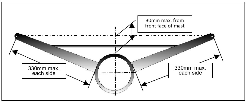 Jumper brackets: 330 mm max. each side; chord 30 mm max. from the front face of the mast.