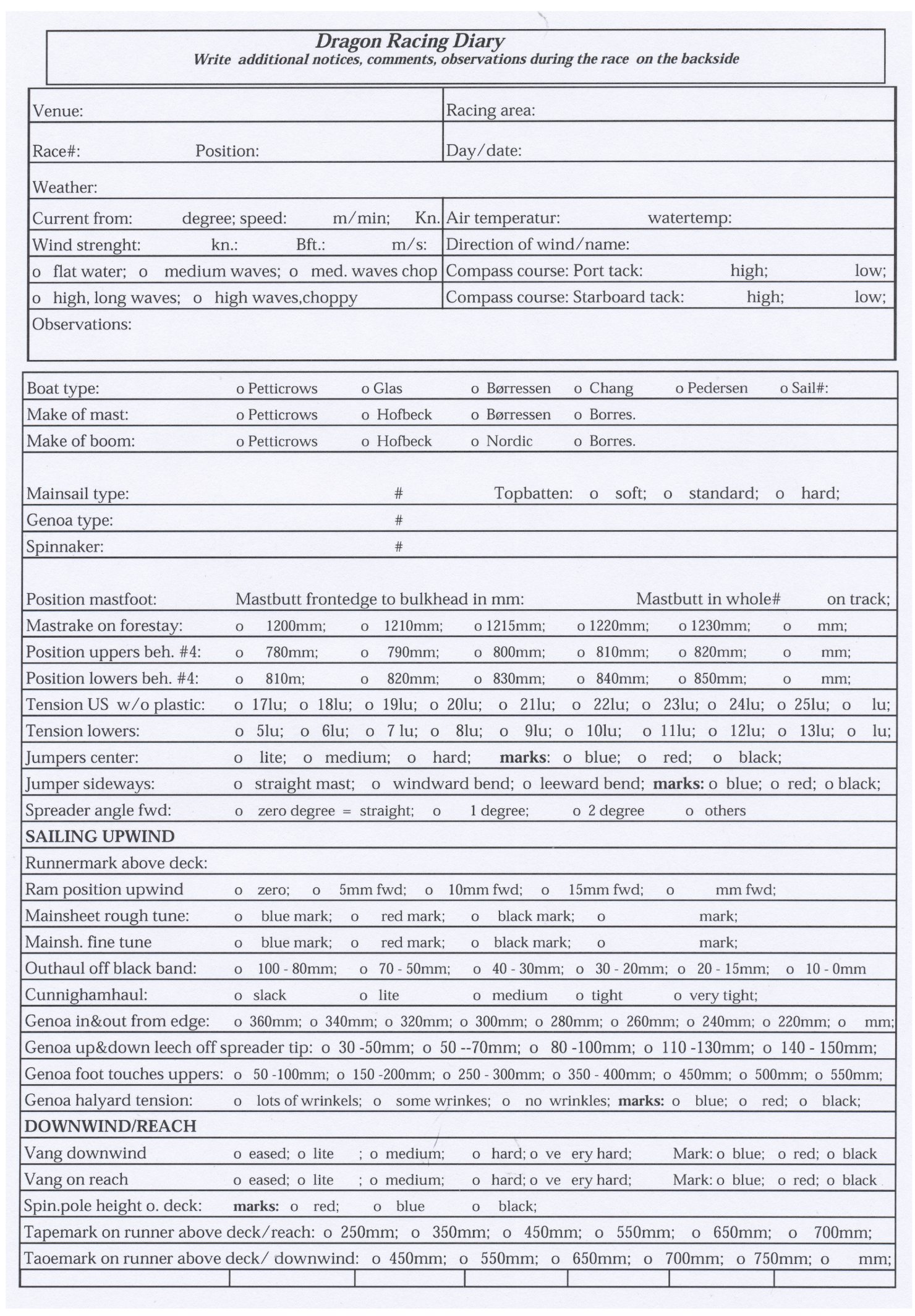 Dragon Racing Diary – the tuning sheet printed at the end of the manual.