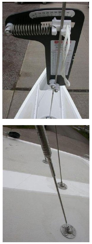 Loos PT-2M gauge on a shroud wire (step 11), and a wire where it enters the deck, where the runner mark is placed (step 12).