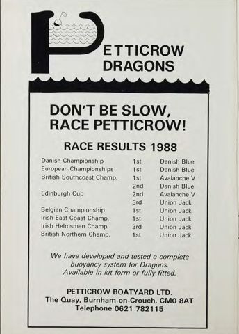 Petticrow Dragons advert, Dragon News 1988: “Don't be slow, race Petticrow!”, with the 1988 race results