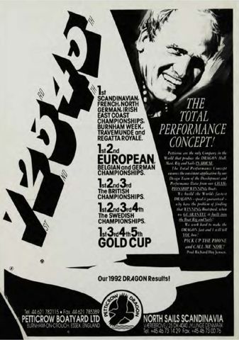 Petticrow Boatyard and North Sails advert: “The total performance concept”, with the 1992 Dragon results